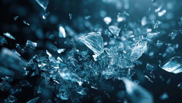 Shattered ice fragments glowing with blue light on a dark background - Powered by Adobe