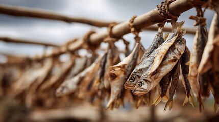Fototapeta premium Drying Fish on Rack Outdoor Fresh Seafood Preparation Process Image