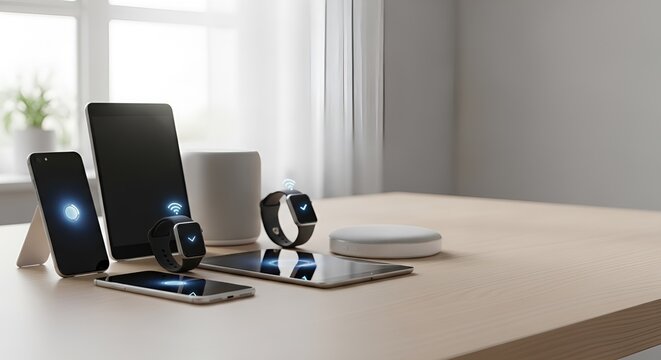 A collection of interconnected smart devices showcasing the Internet of Things concept on a wooden table. - Powered by Adobe