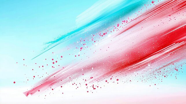 An abstract background featuring bold diagonal brush strokes and scattered splatters in vibrant red and teal colors against a soft blue gradient. - Powered by Adobe