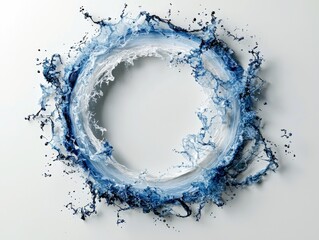 A dynamic circular vortex of blue and white water splashes against a clean, light background, creating a sense of movement and energy.