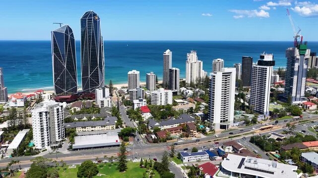 Aerial Drone Rising Over Broadbeach Waters Cityscape and Coastline
