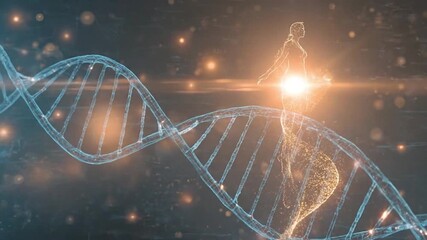Luminous DNA Double Helix and Ethereal Human Figure: Genetic Code, Life Science, and Futuristic Biotechnology Concept on a Dark, Sparkling Background - Powered by Adobe