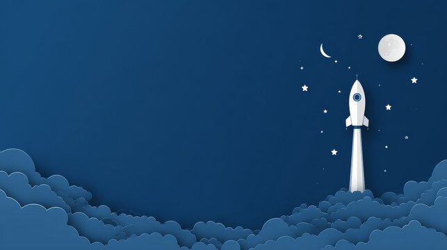 illustration of a rocket launching from clouds, navy background