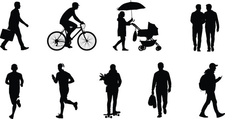 Urban people silhouettes collection including business man walking, cyclist riding bike, woman with stroller, runners and shoppers vector set.