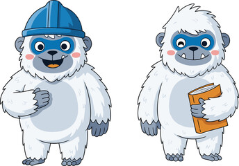 Cartoon yeti characters, construction worker and student, playful monster roles, educational theme, cute mythical creatures, kids content, whimsical illustration