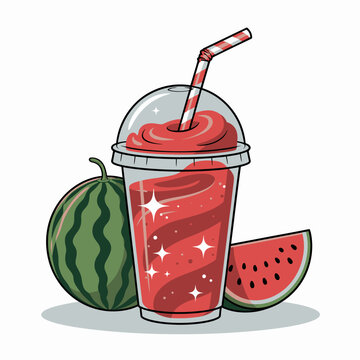 An enticing watermelon slush drink, served in a clear cup with a straw, showcases bright colors and evokes feelings of summer refreshment and enjoyment.