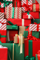 Obraz premium Texture of different many Christmas gift boxes as background, closeup