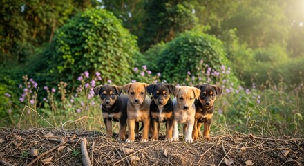 Five adorable puppies lined up in a sunlit meadow looking for their forever homes, perfect for heartwarming stories and family-friendly campaigns