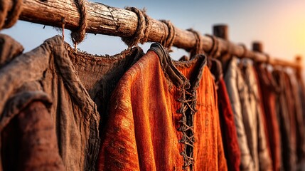 Rustic Display of Ancient Textiles Hanging on Wooden Rack at Sunset