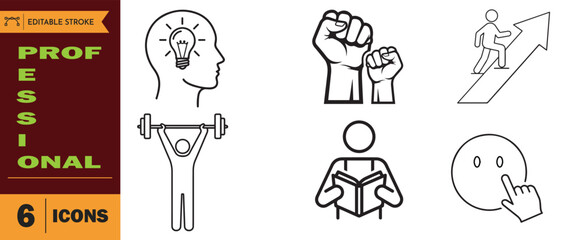 Set of six black and white line icons representing professional development, idea, strength, learning, progress, and feedback
