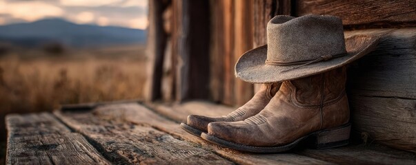 Cowboy boots with hat on wooden background concept. A rustic pair of cowboy boots and hat on a wooden porch at sunset.