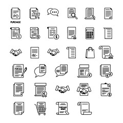 Icon set for order and receipt documents Order, quote, invoice, contract, purchase order, order form, receipt,