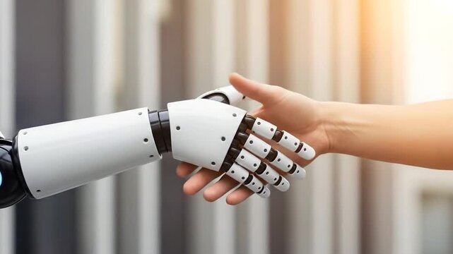 Robot handshake human, a symbolic gesture of collaboration, technology, and partnership