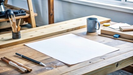 Crafty carpenters workspace wooden boards and blank paper