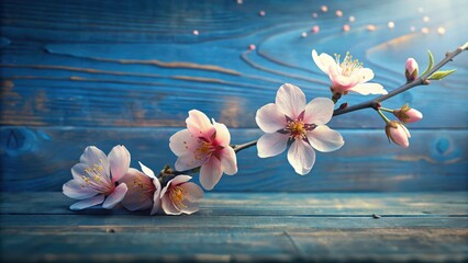 Delicate almond flowers bloom against a warm, weathered blue wooden backdrop, inviting serenity and tranquility
