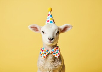 White baby lamb wearing a colorful polka dot party hat and bow tie on a yellow background.