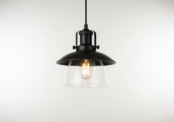 Sleek black metal industrial pendant lamp with clear glass shade and vintage edison bulb.