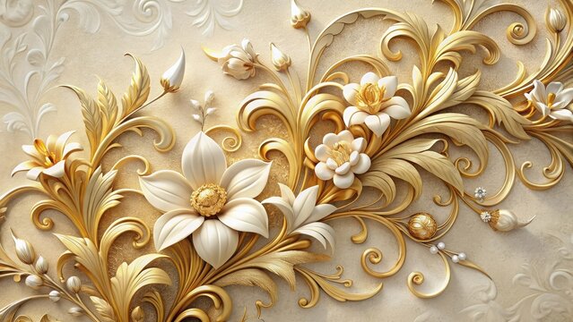 Delicate floral motifs in Art Nouveau style, rendered in soft cream and gold hues on textured background