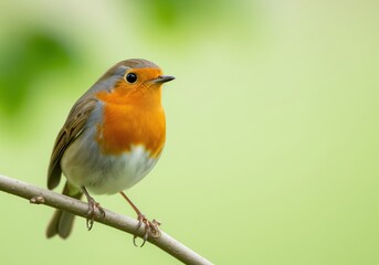 Fototapeta premium European robin bird with bright orange breast perched on a branch in nature