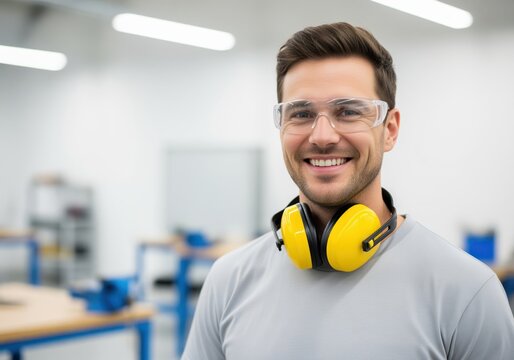Smiling industrial worker portrait wearing safety glasses and yellow ear protection.