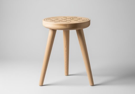 Professional studio shot of a three legged wooden stool with an engraved geometric pattern