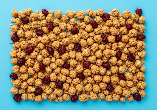 Crunchy granola clusters and dried cranberries forming a textured pattern on bright blue.