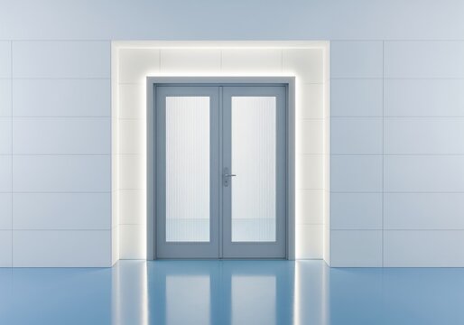 Sleek modern double door entrance in a minimalist white room with blue reflective floor