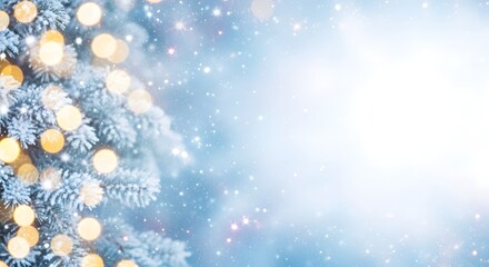 Magical christmas tree with bokeh lights and falling snow on a soft blue background, creating a dreamy and festive holiday scene with a touch of winter wonderland charm