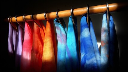 Colorful Scarves Hanging on a Wooden Rod in Soft Light