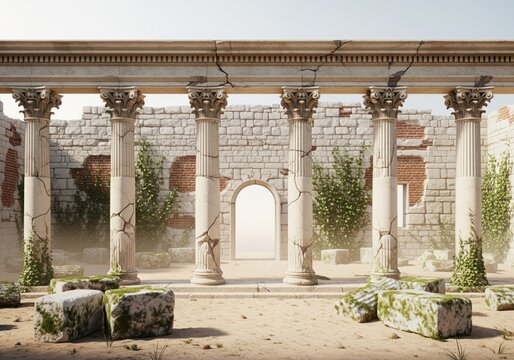 Majestic ancient ruins featuring classical corinthian columns and weathered stone architecture - Powered by Adobe