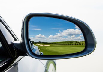 View of a lush green landscape and bright blue sky reflected in a car side mirror.