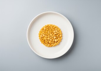 Clean top view of bright yellow split peas clustered neatly on a minimalist white plate