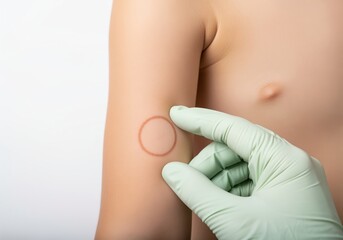 Gloved hand examining a positive skin test reaction circle on a young childs arm