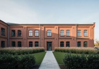 Historic red brick industrial building facade and modern landscaped courtyard