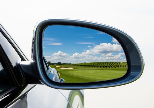 View of a lush green landscape and bright blue sky reflected in a car side mirror.
