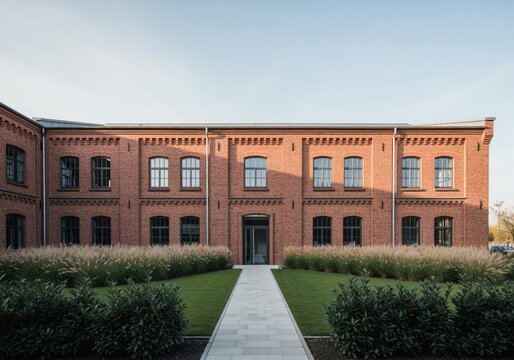 Historic red brick industrial building facade and modern landscaped courtyard