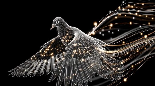 digital, dove flying on a black background, light trails from sparkling lights on its wings,