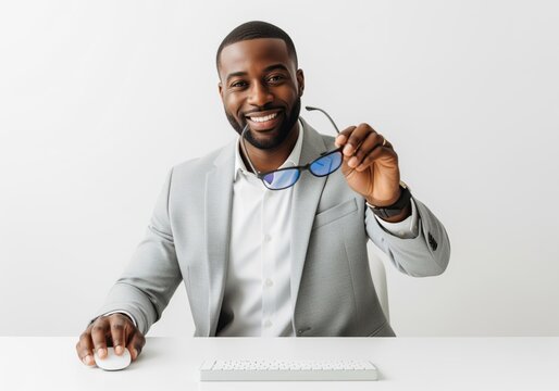 Smiling african american businessman in gray suit holding glasses while working at desk