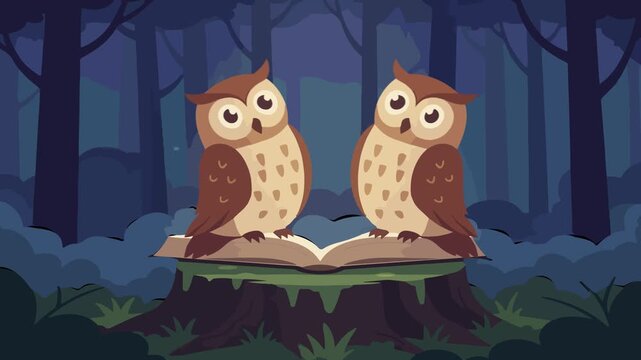 Two Owls Reading a Book in the Forest at Night.