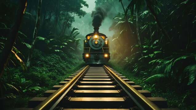 A vintage steam locomotive chugging through a lush green jungle with a misty atmosphere