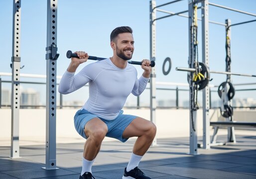 Smiling athletic man doing squats with a bar during an outdoor workout session