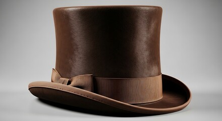 Antique brown leather top hat with decorative fringed band and satin lining displayed on a neutral background