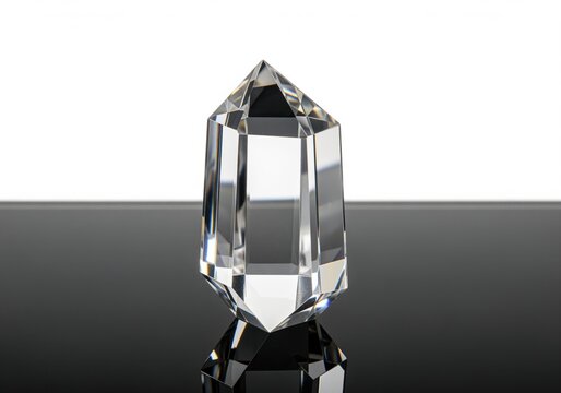 Elegant transparent quartz crystal point reflecting on a shiny black surface