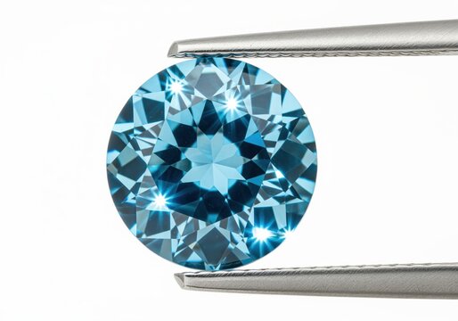 Flawless brilliant round cut blue gemstone held by metal jeweler tweezers.