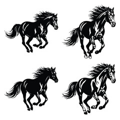 Four black horse silhouettes are running in different poses against a white background showcasing equine power and elegance