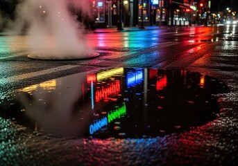 Obraz premium Dramatic night scene of steam rising from a manhole on a wet city street with neon reflections