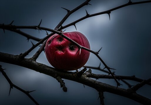 Dramatic high contrast shot of a bruised red apple trapped by sharp thorns.
