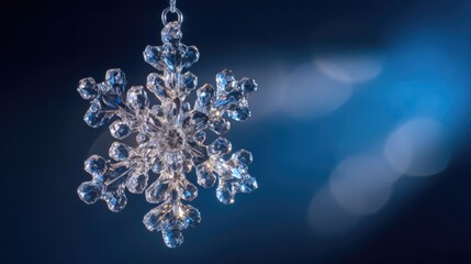 Beautiful snowflake crystal with intricate hexagonal pattern and delicate ice branches sparkling against deep blue gradient bac...