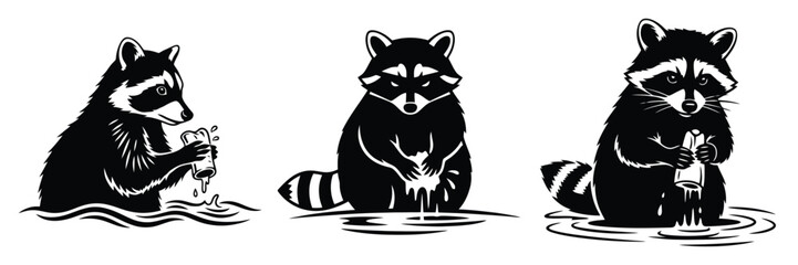 Three black and white raccoon illustrations stand in water one washing something in its paws a vector graphic ideal for branding or t shirt design
